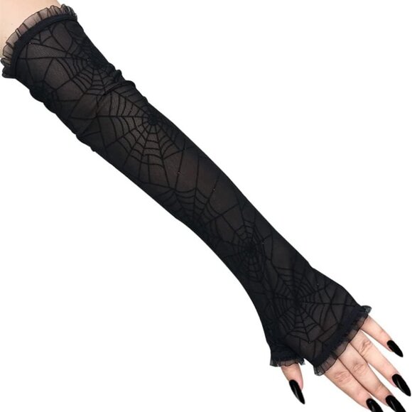 Goth Arm Warmers Fingerless Gloves for Women Gothic Steampunk Accessories Black - Picture 8 of 9